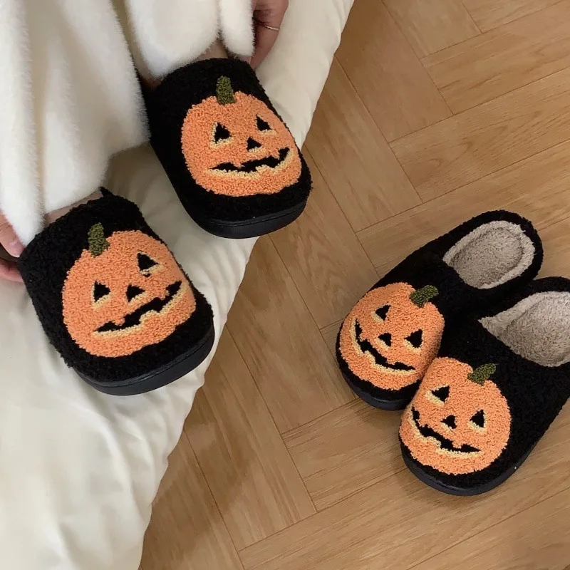 Halloween Pumpkin Cotton Slippers Warm Winter Slippers Ghost Slipper Thickened House Shoes Non Slip Soft Plush Halloween Gifts