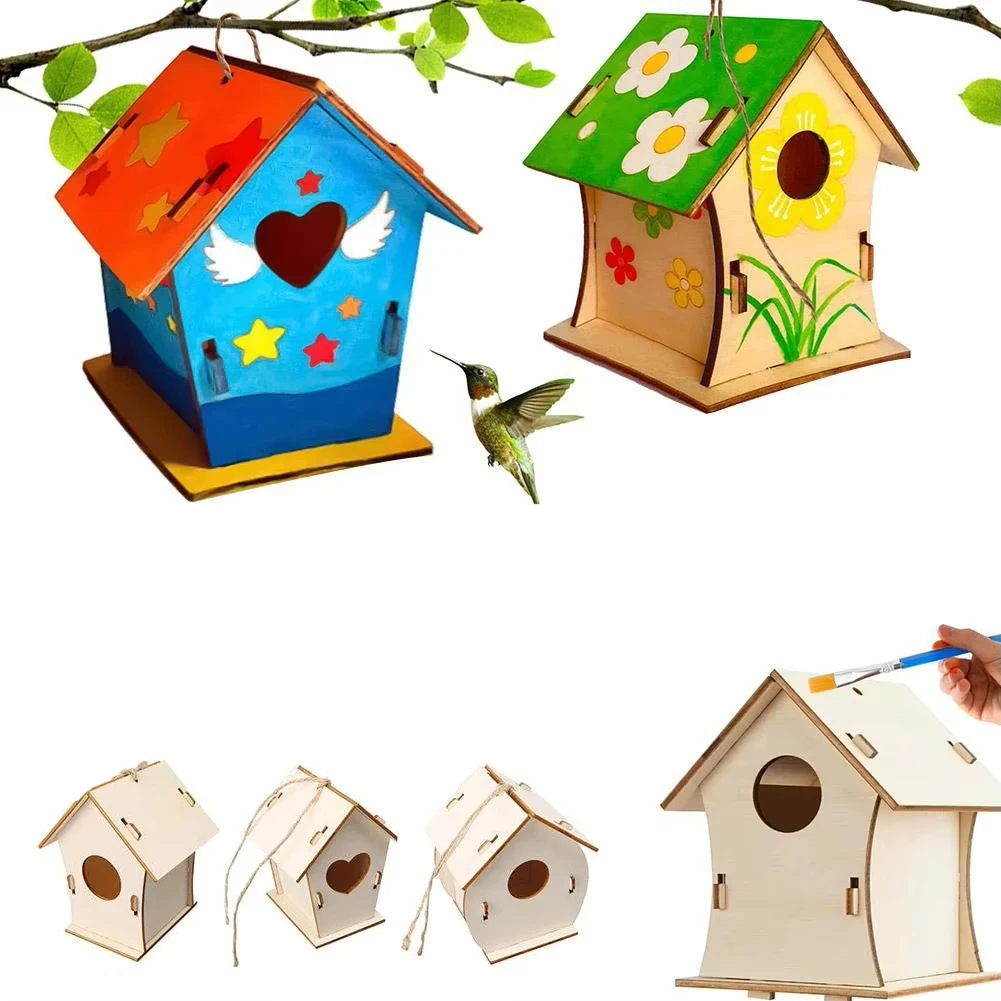 Casa de nido de pájaro DIY de madera, caja colgante para exteriores con cuerda de cáñamo para pintar, decoración de jardín y patio al aire libre