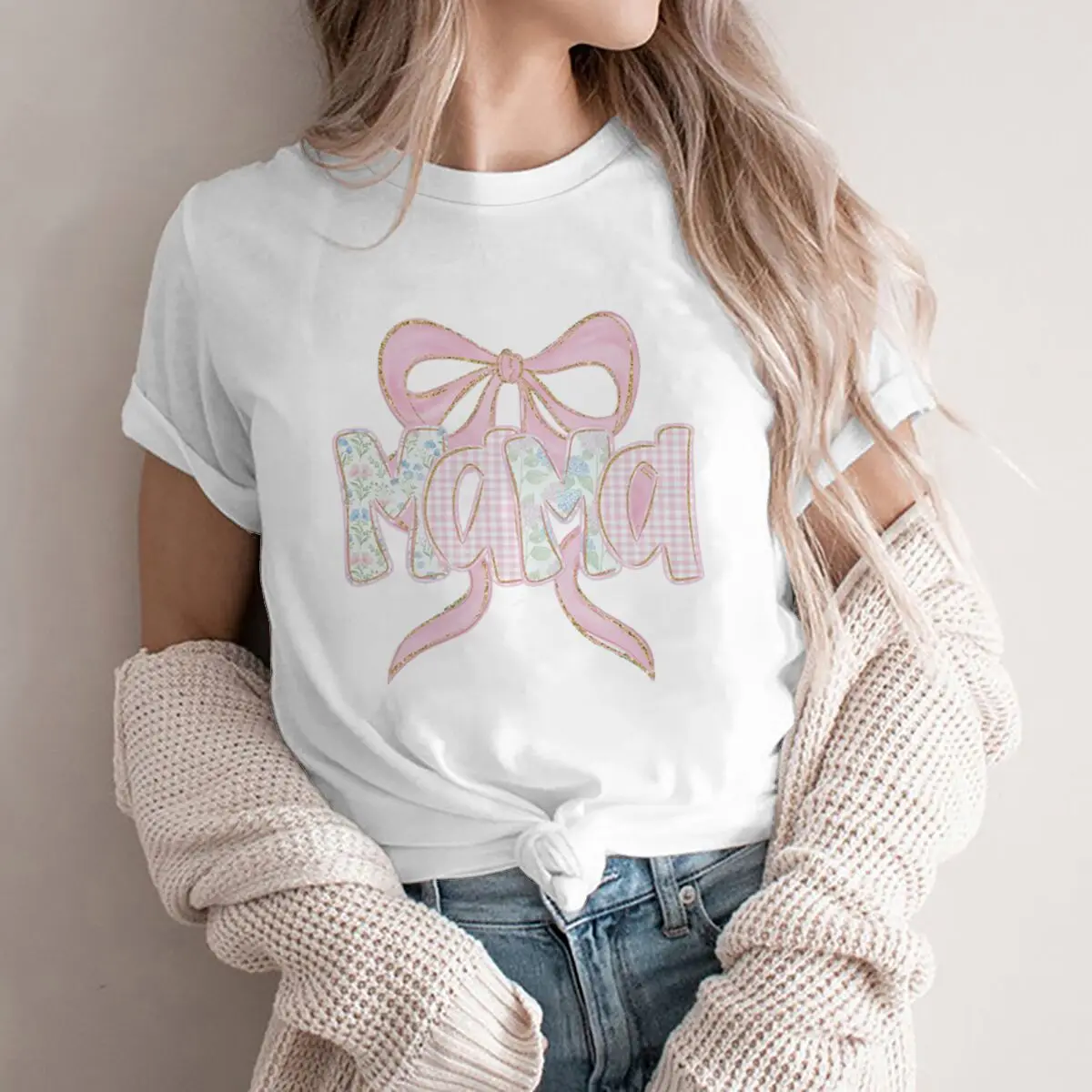 Mama Bow Graphic T Shirts Women Pink Bow & Plaid Print Short Sleeve T-shirt Mother's Day Gift Clothes Floral Mama Casual Tops