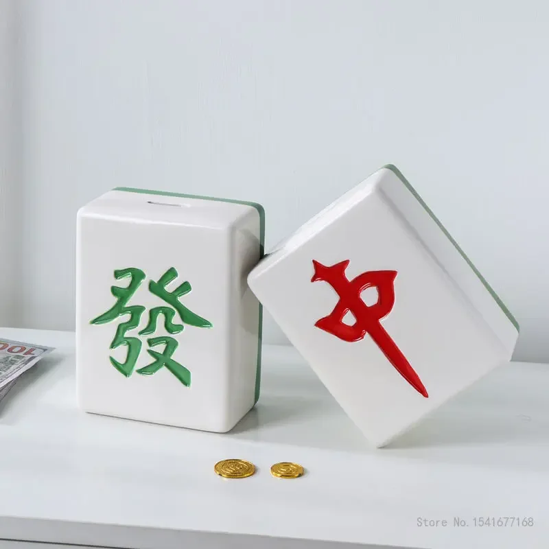 Creative Invisible Ceramic Money Saving Can Children Creative Mahjong Shaped Home Decoration Vase Piggy Bank Boys and Girls, 1PC