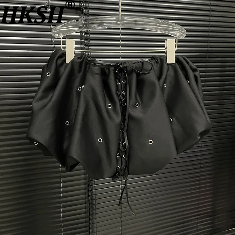 

HKSH 2026 Summer New Women Mini Skirt Niche Design Eyelet Lace-up Pleated American Retro Chic Sexy Y2K Tide Short Skirts HK18852