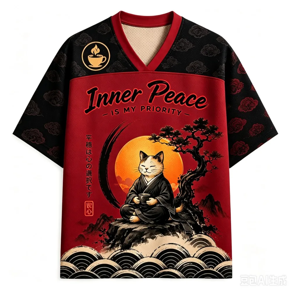 Retro Japanese-style Zen Meditation Cat Sports Quickdry Breatha 3D Print Men V-Neck T-Shirt Street Fashion parent-child Clothing