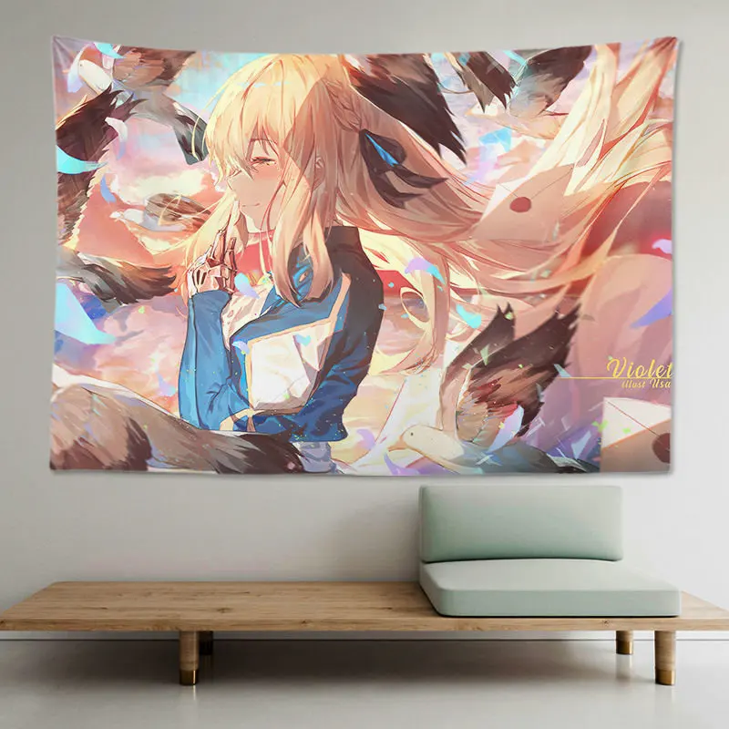 VIKAMA Blonde Anime Girl Bird Letter Tapestry Wall Hanging Dreamy Pastel Sky Feather Aesthetic Wall Art Otaku Dorm Bedroom Decor