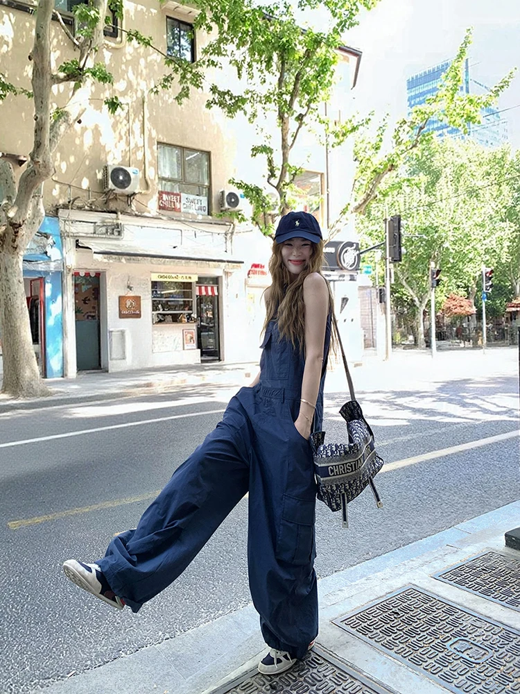 

Street Style Outdoor Workwear Wide Leg Overalls Women Summer Cotton Nylon Blend Natural Waist Casual Trousers by Xiao Jun Jun