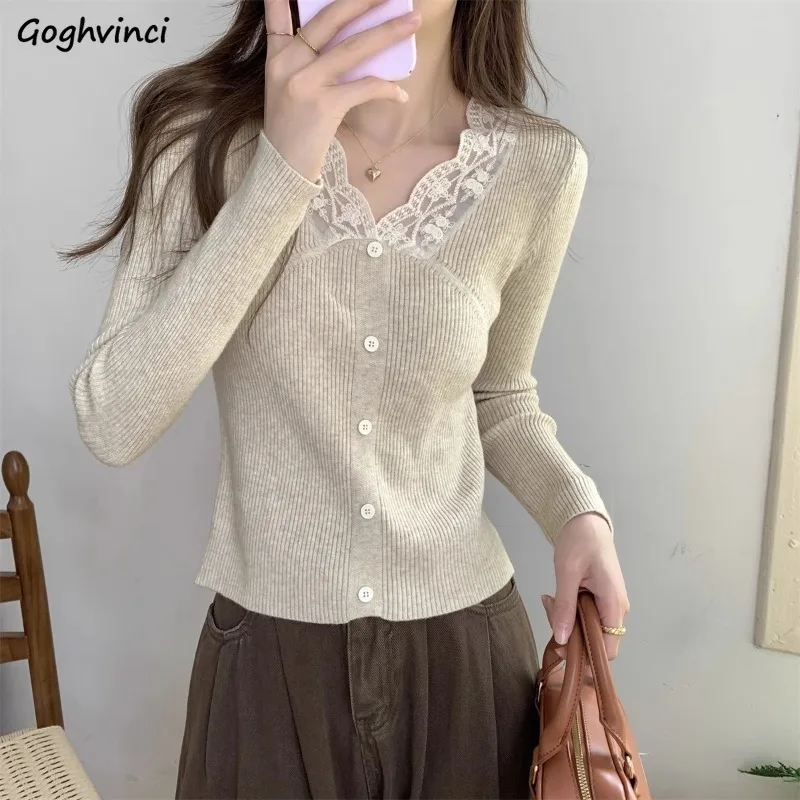 Pullovers Women V-neck Lace Spliced Ins Knitted Gentle Temper Slim Fit French Style All-match Daily Spring Autumn Inner Female