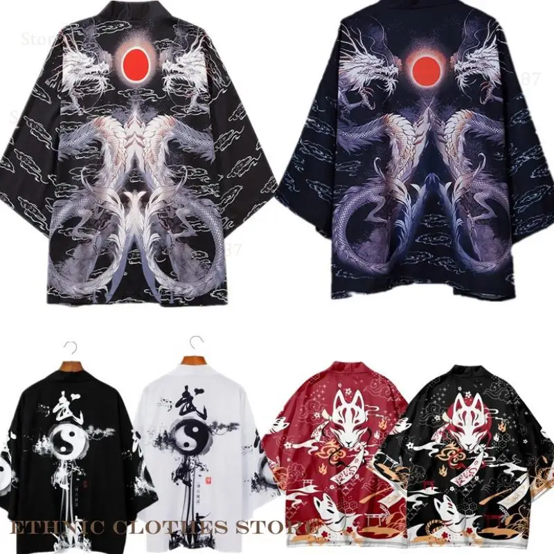 

Плюс размер 3XL-5XL японское кимоно кардиган с принтом дракона мужская рубашка пальто радиальный мужской самурай косплей костюм юката хаори