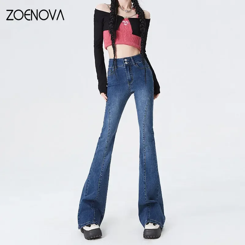 

ZOENOVA 2023 New Chic Women's Retro Casual Street Style Babes Clothing Y2k Pants High Waist Denim Stretch Straight Flared Jeans