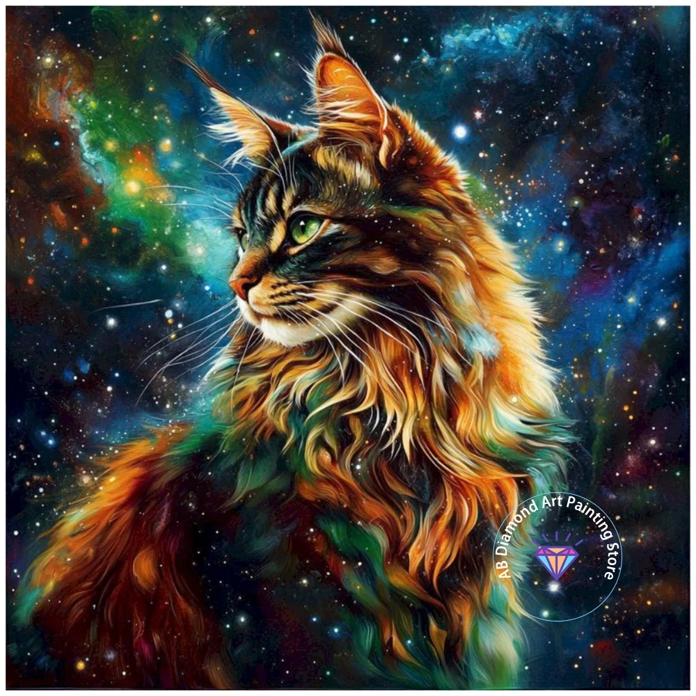 

New Maine Starry Sky Cat AB Diamond Painting Kit Square Round Diamond 5D DIY Cross Embroidery Handmade Art Adult Gift Home Decor