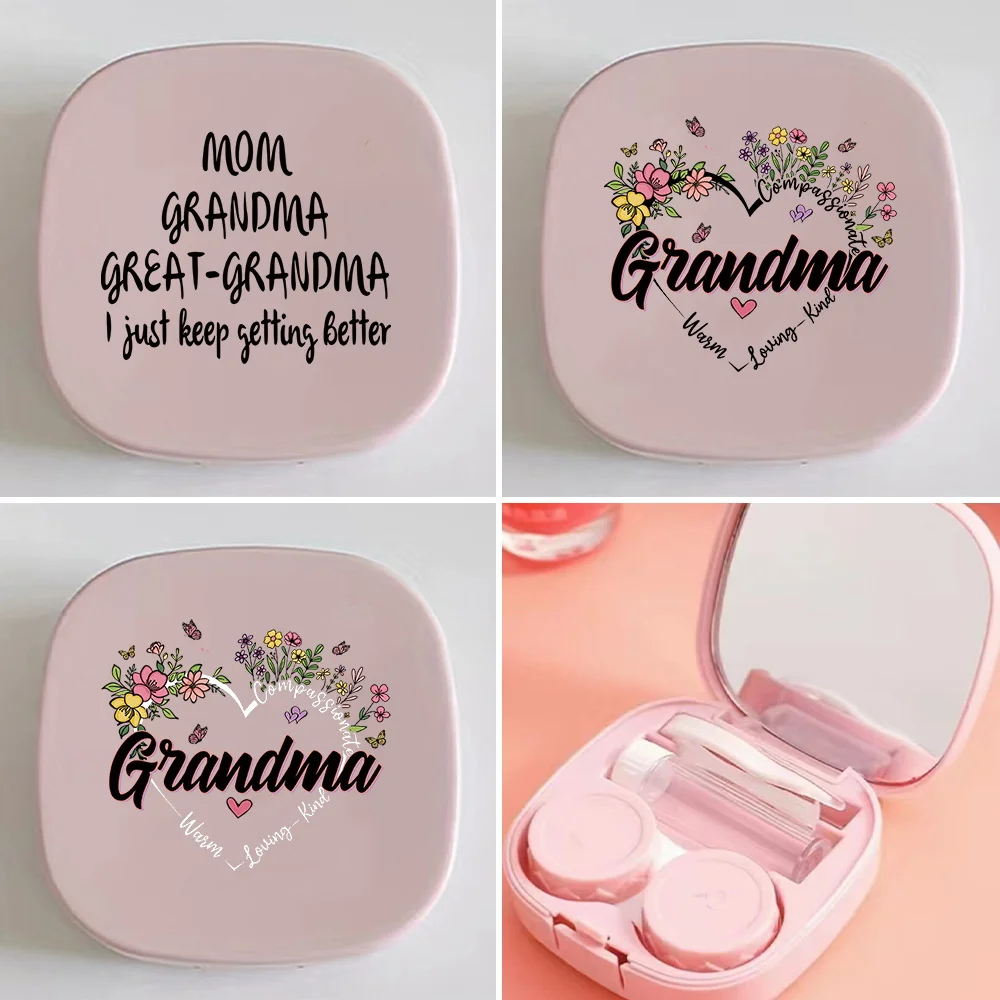 Portable Women Meitong Box Pocket With Mirror Simple Portable Contact Lenses Box Make Up Beauty Pupil Box Grandma Letter Pattern