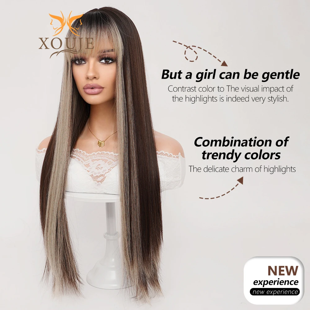 Natural Brown Highlighted Blonde Extra Long Straight Hair with Bangs Suitable for Women Daily Wear Soft Synthetic Hair Suitable