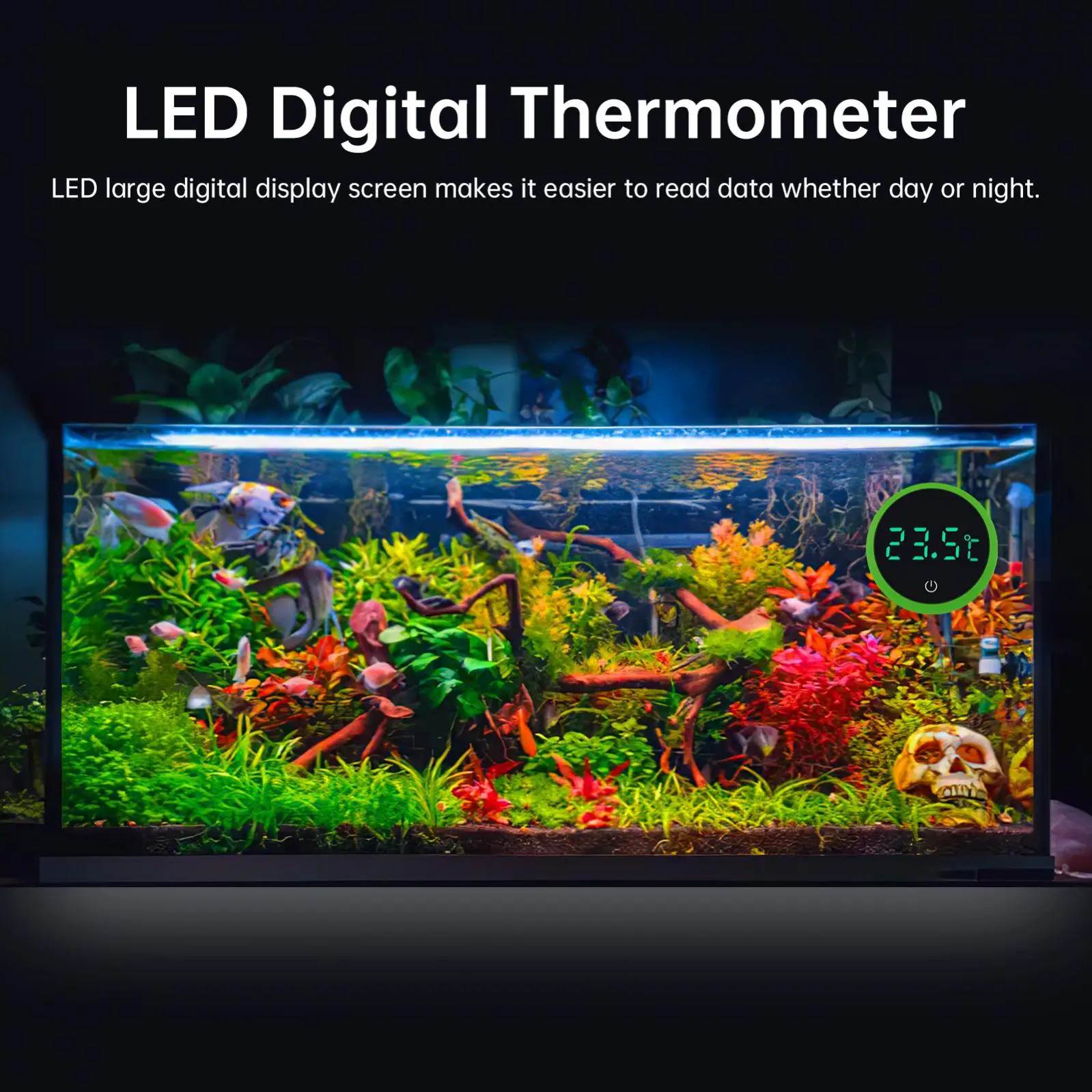 Kabelloses digitales Thermometer in Weiß/Grün/Schwarz mit Grad Celsius, Aquarium-Thermometer mit LED-Anzeige – Detail 15