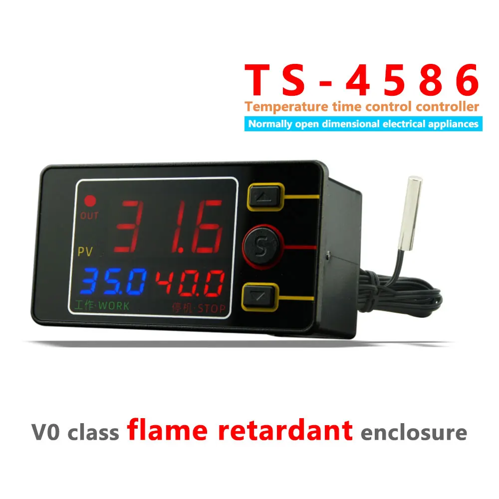 TS4586 DC12V DC24V AC110-220V Temperature Time Control Relay Active Output LED Display Thermostat NTC10K3950 1% Waterproof Probe