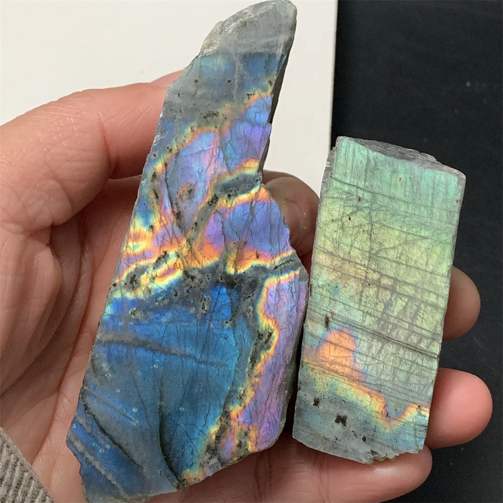 1SET 2PCS Natural Rare Mint Green Light Labradorite Pet Stones Sliced Colorful Purple Blue Light Labrador Stones Ornament Orange