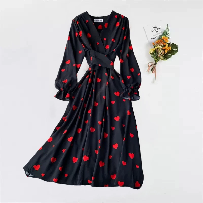 YuooMuoo Chic Mode Hart Print Esthetische Vrouwen Jurk 2026 Nieuwe Collectie Elegante Vintage Sjerp Bandage Lange Feestjurk Vestidos