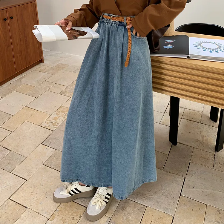 Retro Washed Denim Skirt Women's Spring Autumn Elastic Waist Long Umbrella Big Swing Skirt