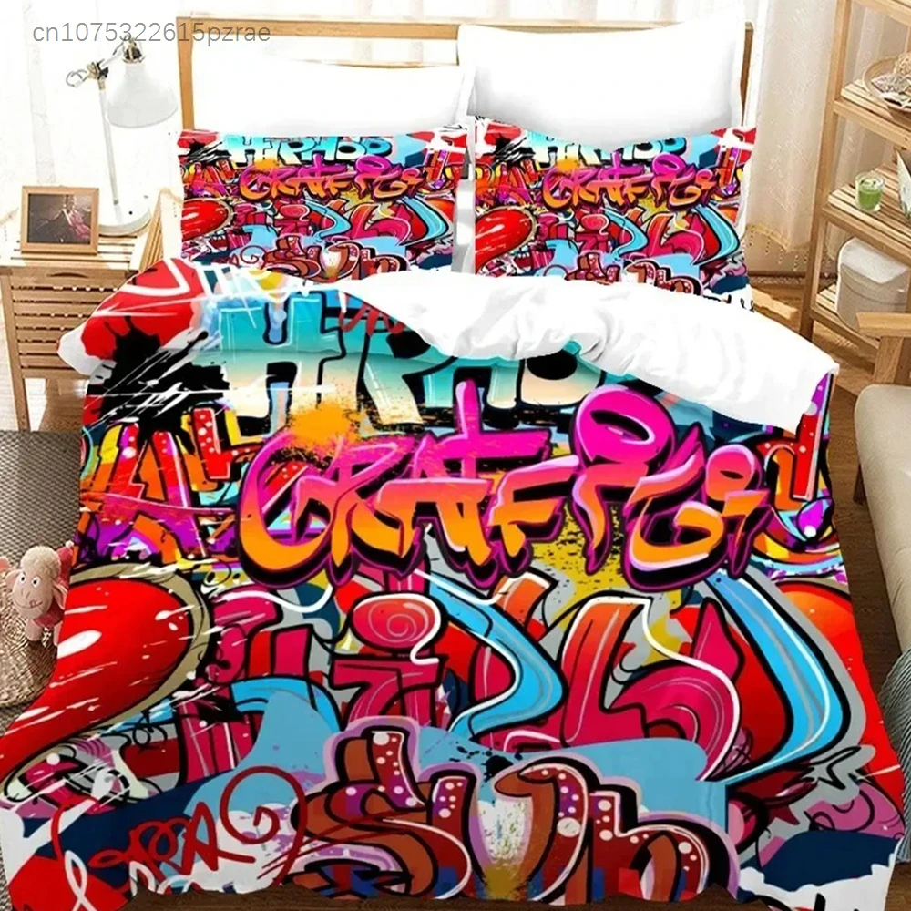 Cartoon Style Hip-Hop Graffiti Bedding Set 3D Printed Suitable For Bedroom Duvet Cover Set With Pillowcases Kids Home Textile