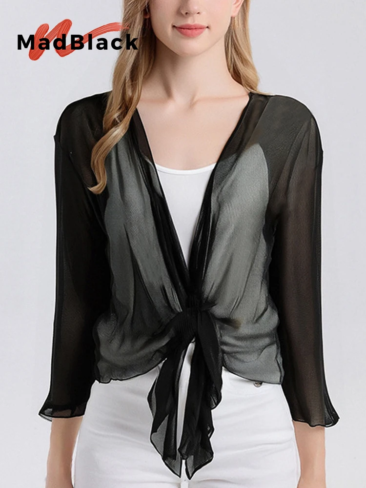 

MadBlack-100%Real Silk Elegant Knit Shirt, 3/4 Sleeve Solid, Women Breathable Sheer Sunscreen Cardigan, 2026 Summer New T65719CC