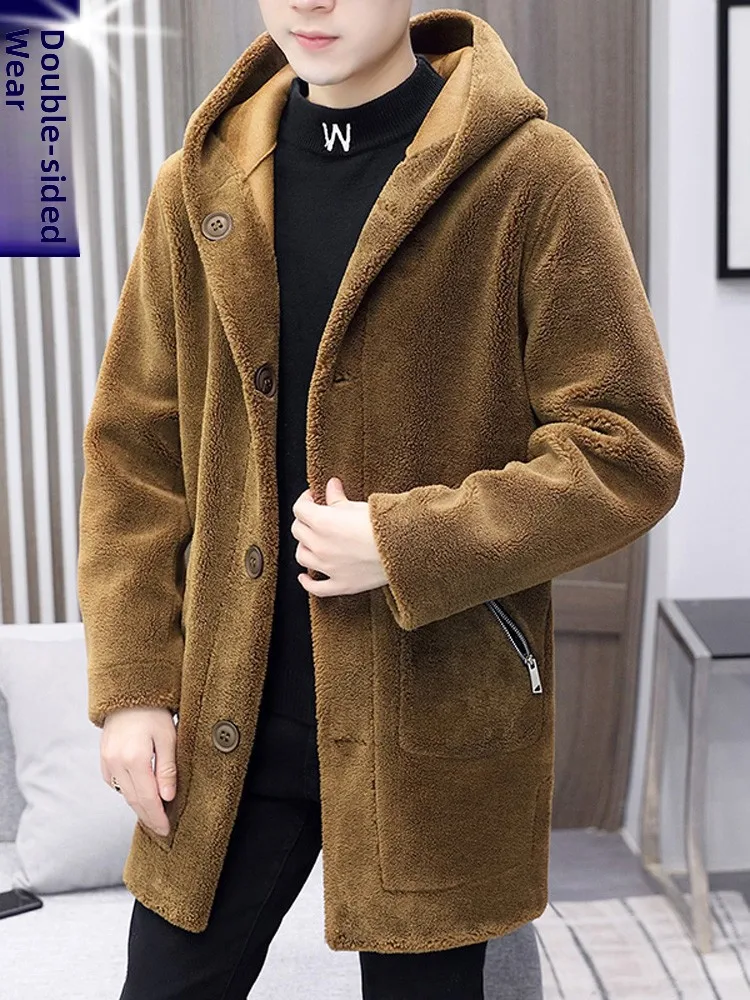 

Men's Double-Sided Wear Lamb Velvet Jaet Mid-Length Windbreaker Particle Velvet Winter Cotton Clothes Hooded Leather Fur In...