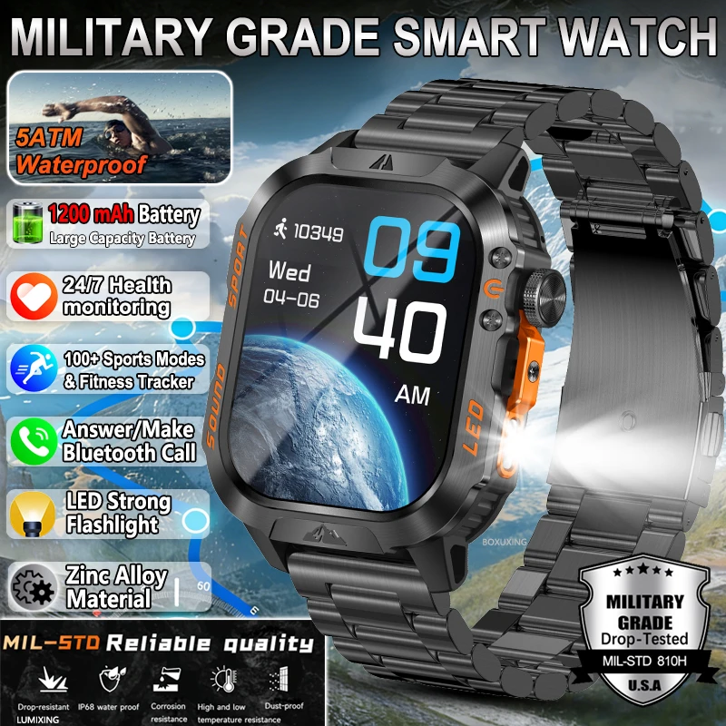 New Rugged Military Smart Watch Men 1200mAh Battery Fitness Tracker 5ATM Waterproof Health Heart Rate Smartwatch For iOS Android