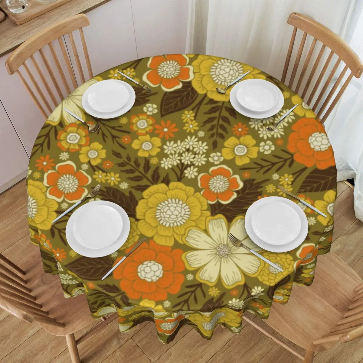 Custom Round Abstract 1970s Hippie Sunflowers Daisies Pattern Tablecloth 60 inches Kitchen  Table Cloth Spillproof Table Cover