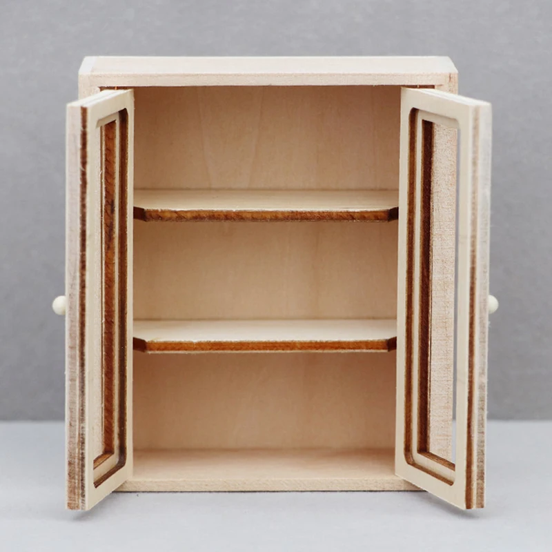 1:12 Dollhouse Miniature Double Door Cabinet Bookcase Storage Rack Mini Wooden Wall Mounted Display Shelf Furniture Model Toys