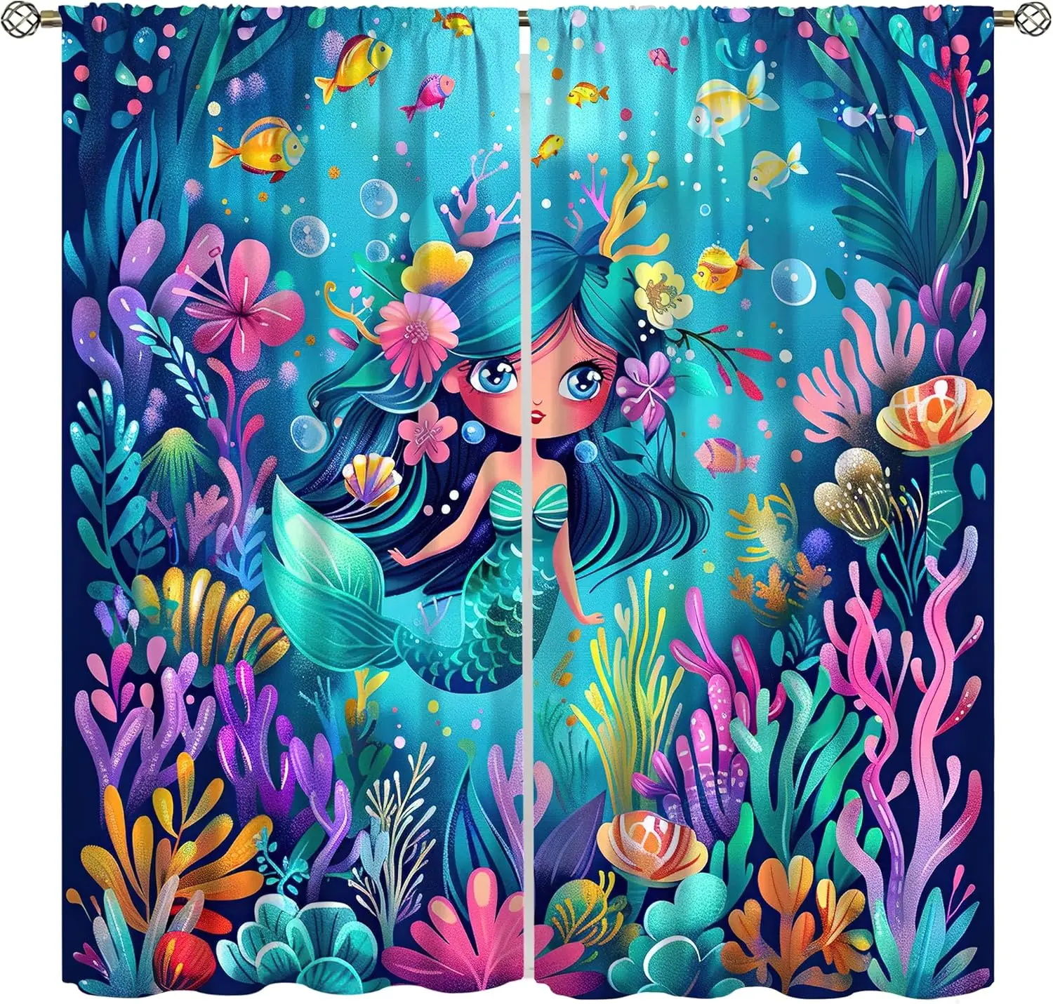 Cartoon Watercolor Mermaid Curtains Colorful Art Coral Sea Clownfish Fairy Tale Theme Rod Pocket Window Treatments for Kids Boys