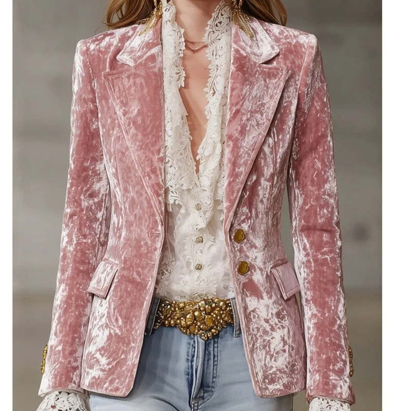 

Розовый элегантный женский пиджак, модный приталенный костюм с лацканами и длинными рукавами, куртка с карманами, осень-зима, повседневный дорожный кардиган