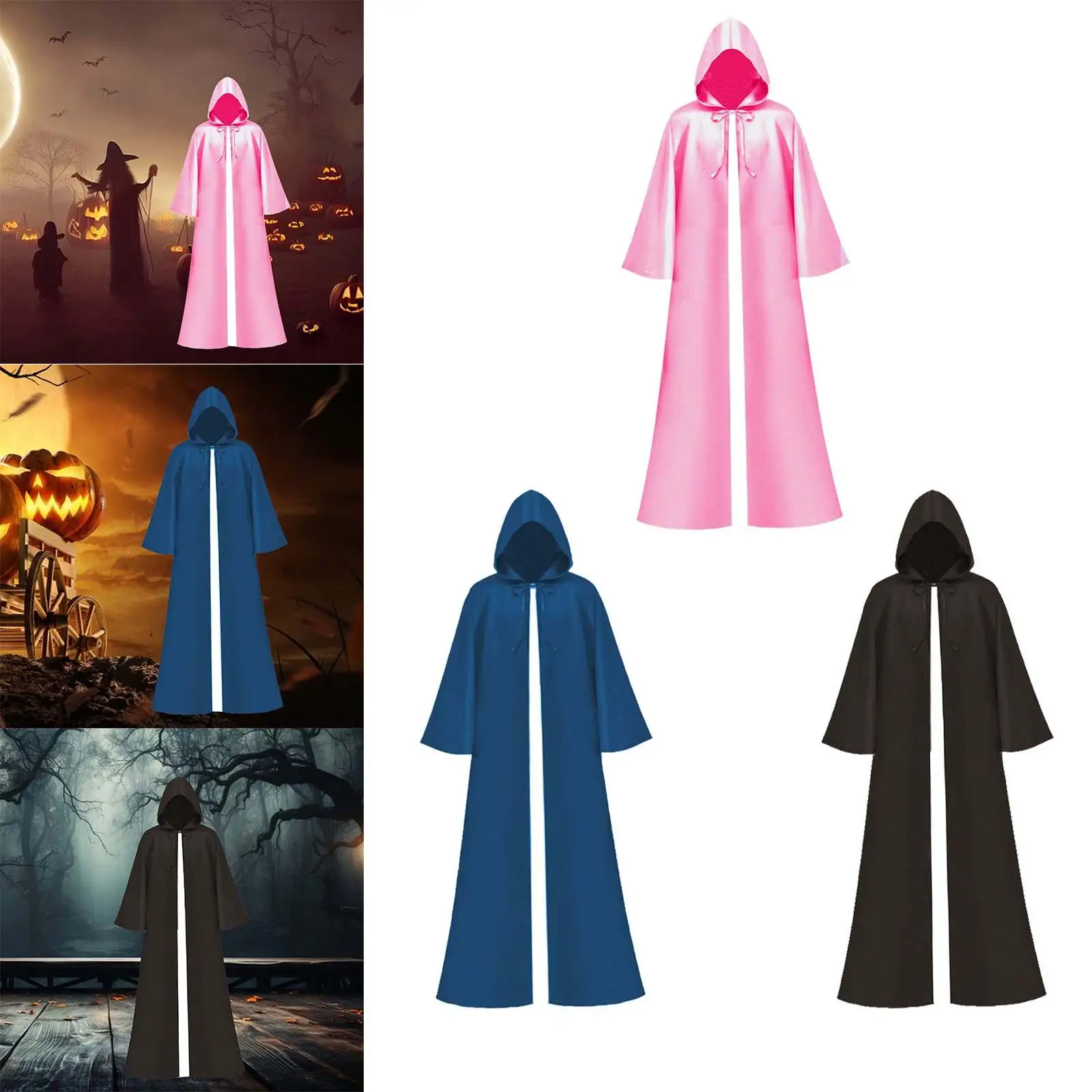 Halloween Hooded Cloak Witch Costume Dress up Grim Cowl Cosplay Cape for Club Punk Party Performance Carnival Fancy Dress Party