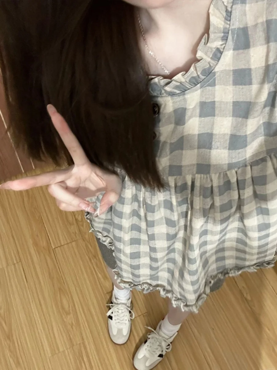 Sweet Sle ジェントルチェック柄スウェットベストトップ女性夏エレシック木製襟レイヤリングドール irt カジュアルルーズフィット