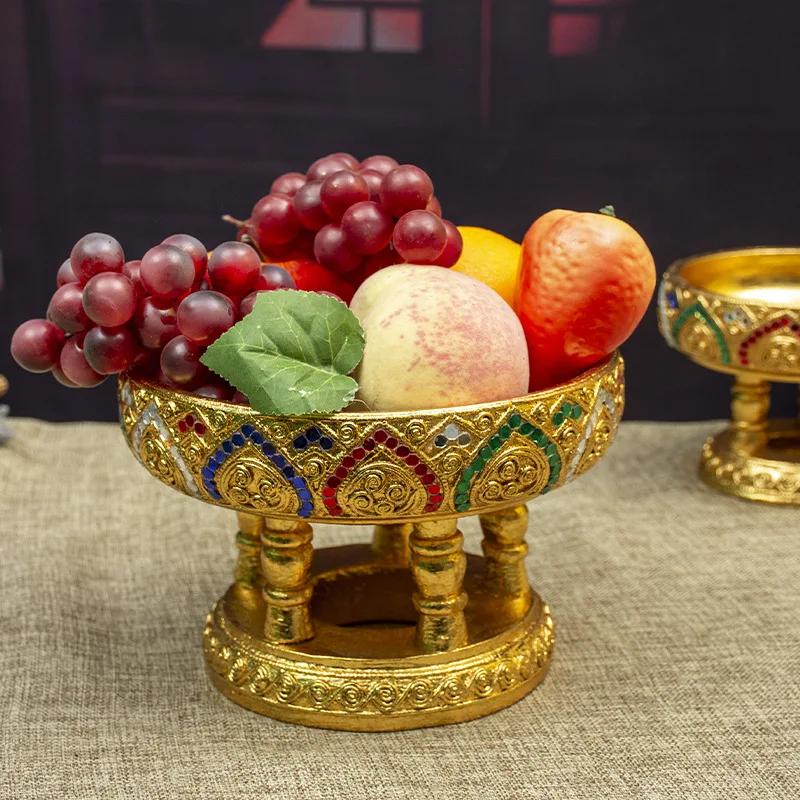 Thai round golden fruit plate household living room coffee table tribute plate refreshment dried fruit plate offering Buddha Th