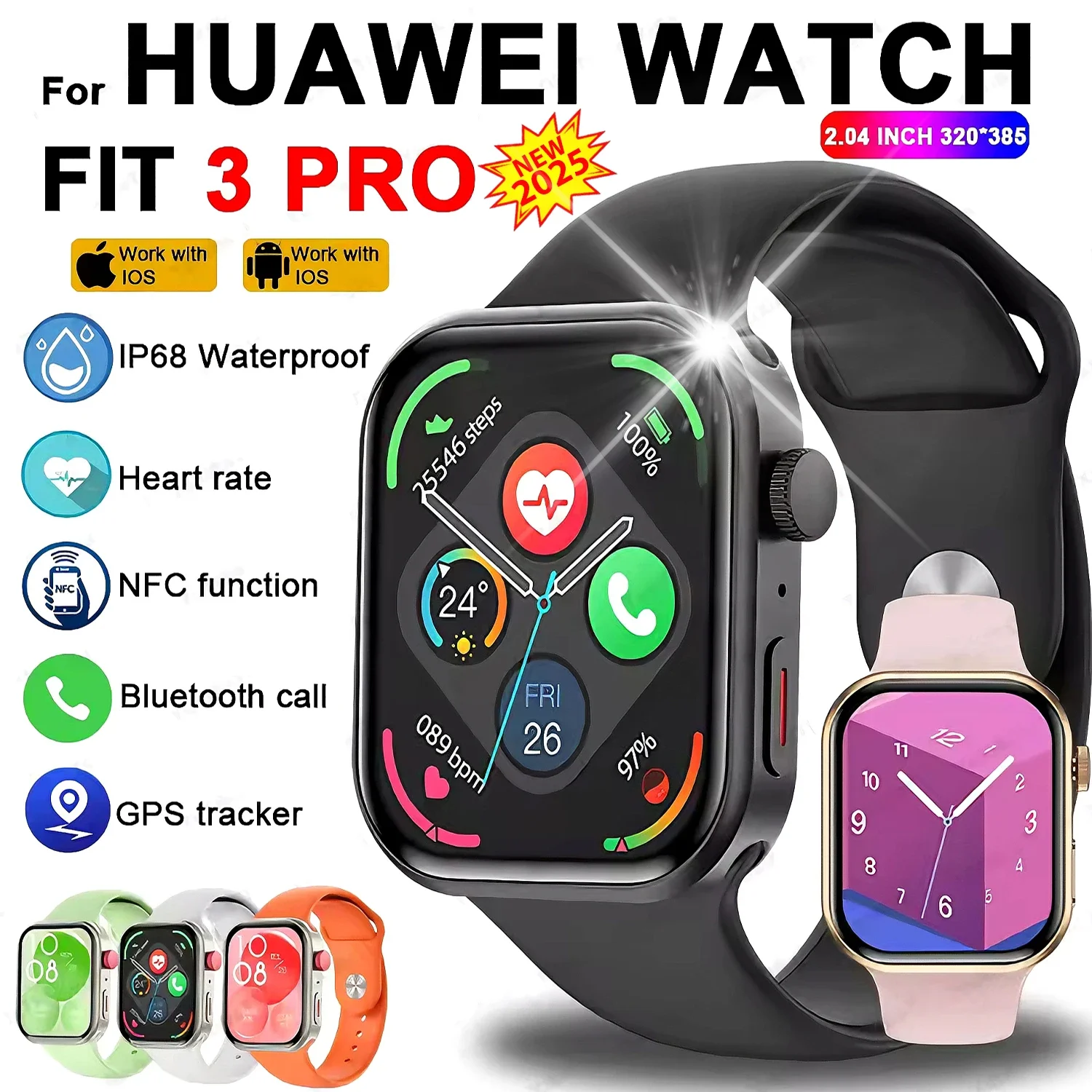 

For Watch FIT 3 PRO Smart Watch Men Women 2.04 inch HD AMOLED GPS Tracker Heart Rate Sports Bracelet BT Call men Ms. Smartwatch
