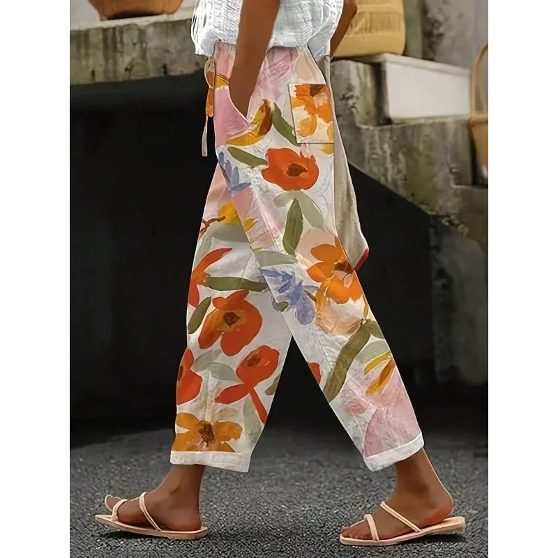Women Floral Print Cropped Pants Elastic Drawstring Waist Loose Casual Trousers With Pockets