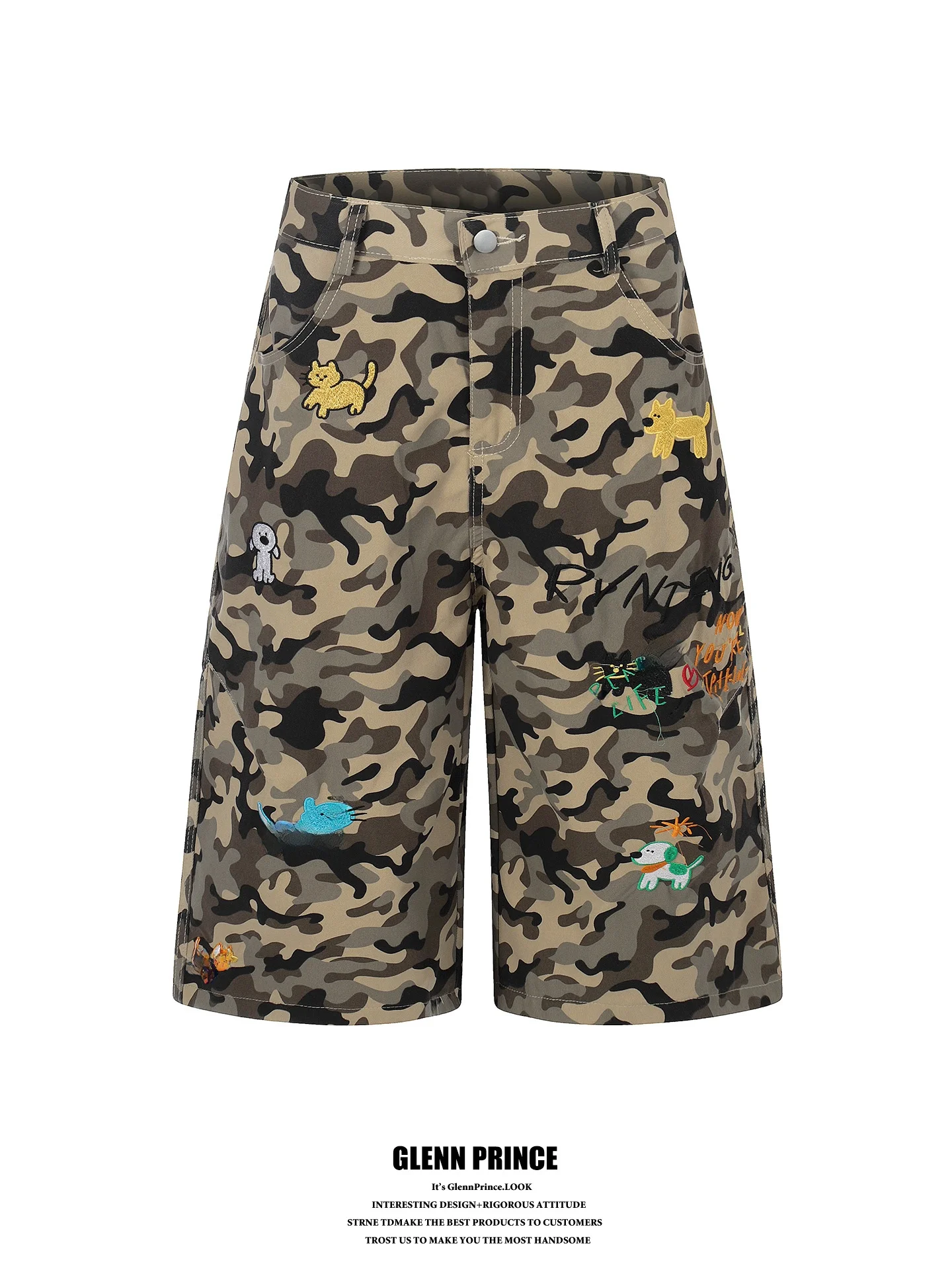 

GPstudio American Retro Cartoon Embroidery Camouflage 7/8 Length Pants Men Summer Trendy Loose Couple Shorts