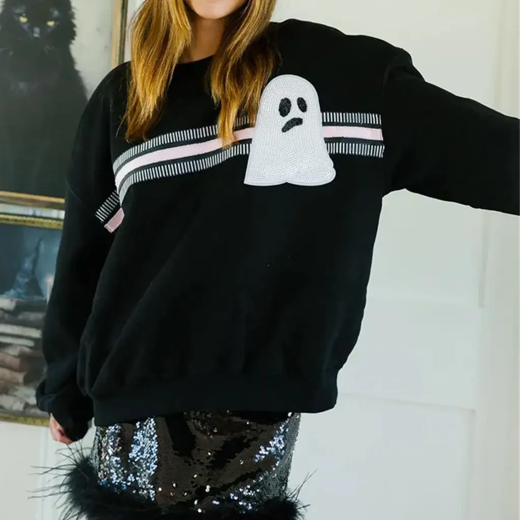 Damskie bluzy Y2K Halloween Gothic Sequined Ghost/Humpkin/Cone Embroidery Long Sleeve Pullover Hoodies Tops