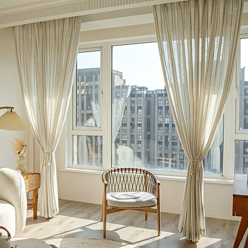1PCS Blue Vertical Striped Sheer Curtain, Linen Look Light Filtering Window Curtain Panel Living Room Bedroom Home Decor