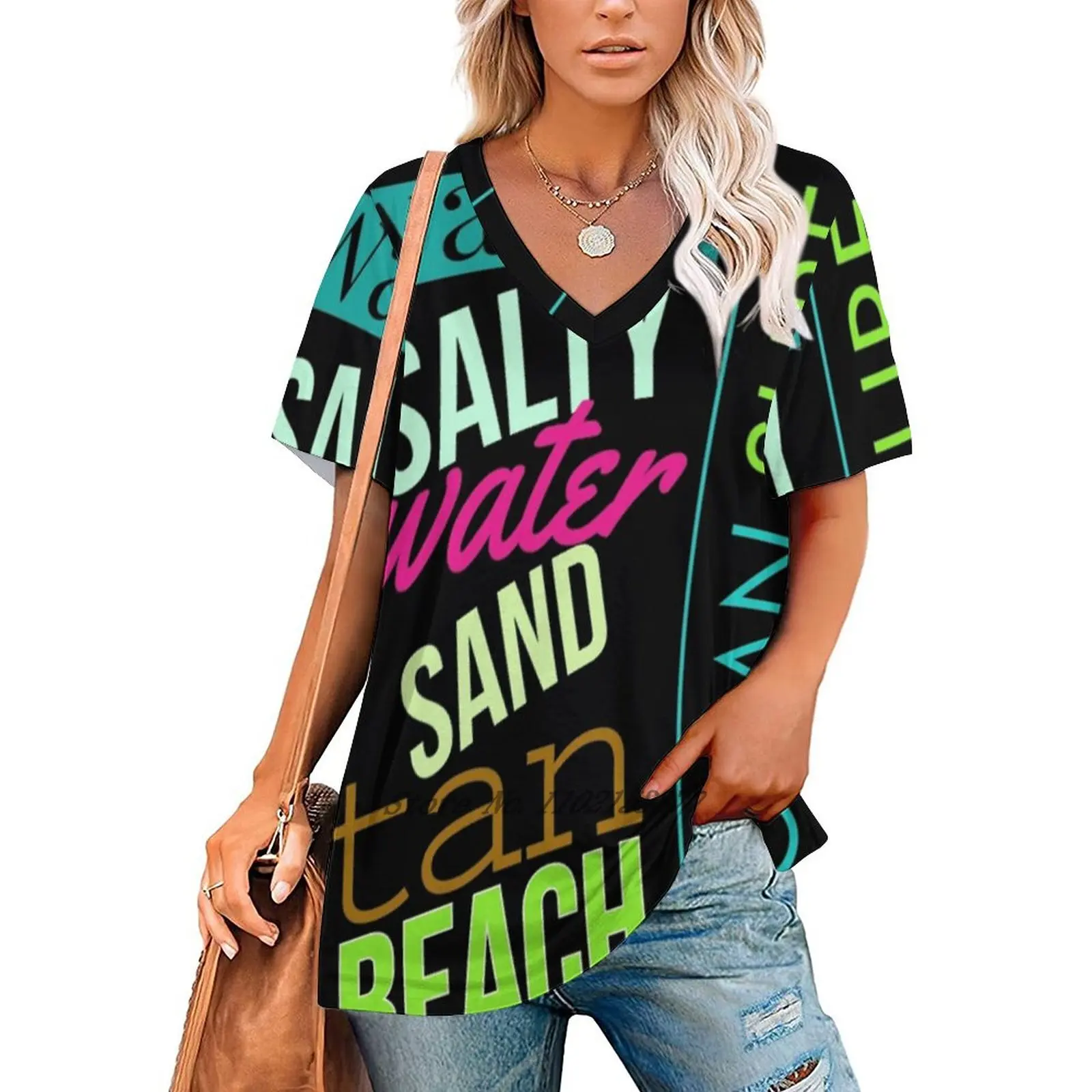 Beach | All Good Women's T-Shirt Casual Short Sleeved Tops V-Neck Zipper Tee Ladies Loose T Shirts Beach Tan Salty Water Sand