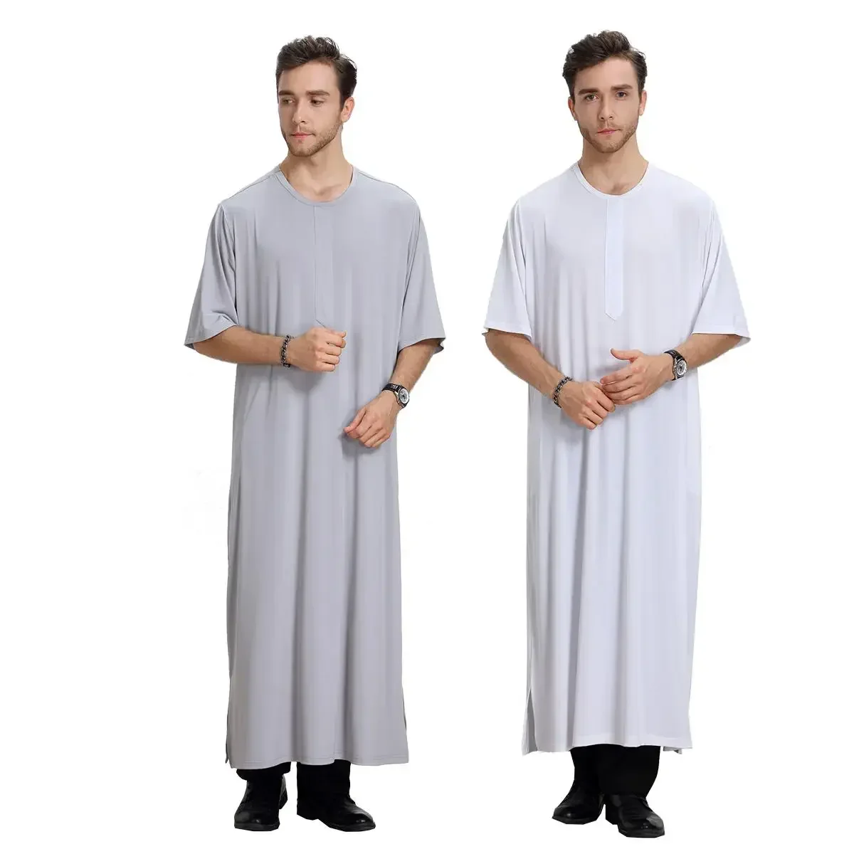 Mens Saudi Thobe Robe Short Sleeve Abaya Saudi Dishdasha Arabic Kaftan Dress Summer Dubai Ramadan Turkey Middle East Clothing Ne