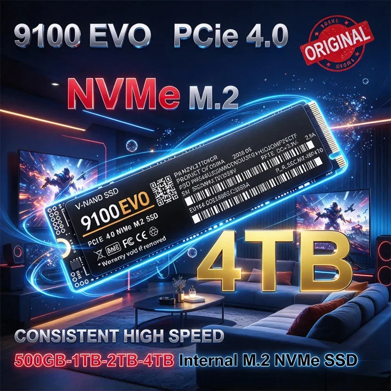 9100 EVO M.2 2280 NVMe PCIe 4.0 SSD, unidade de estado sólido interna, 500 GB, 1 TB, 2 TB, 4 TB, para PS5, portátil, computador de secretária, PC para jogos, armazenamento.