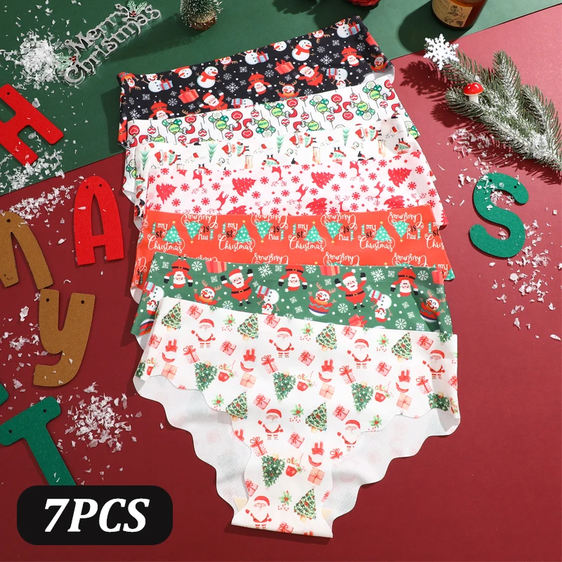 7 Teile/satz Frohe Weihnachten Niedrige Taille Spurlose Wellen Rand Dreieck Shorts Für Frauen Nahtlose Cartoon Santa Claus Schneemann Dessous