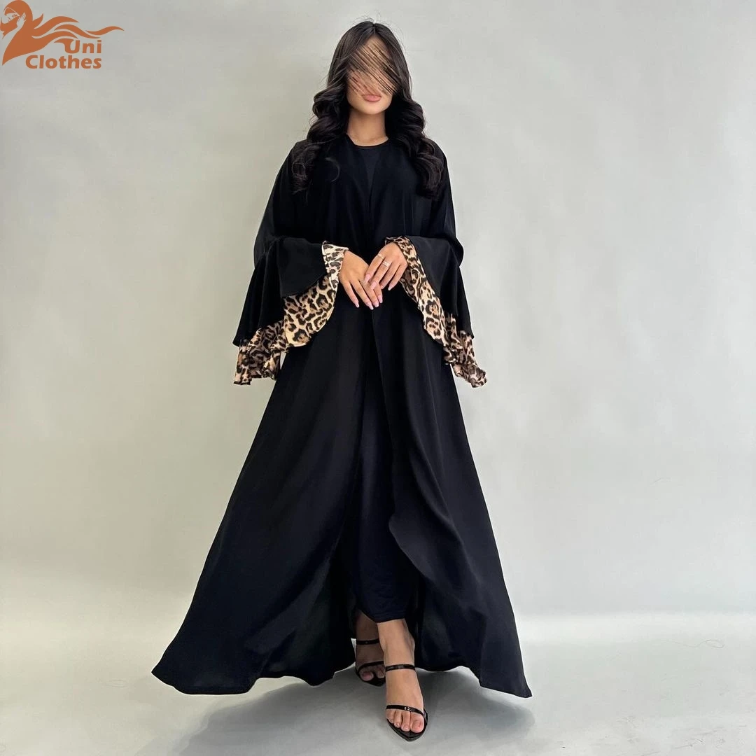 Leopardo abaya quimono trompete mangas muçulmano preto abaya feminino dubai luxo roupas islâmicas marroquino kaftan jalabiya vestido mq153