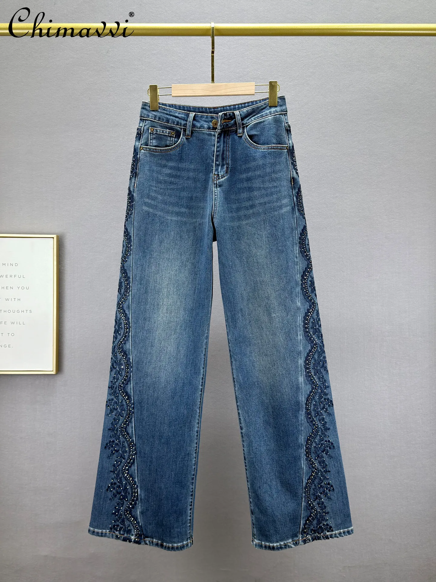 

Heavy Embroidery Rhinestone Jeans Women Extra Long Pants 2026 Spring New Fashion High Waist Loose Slim Vintage Straight Pants