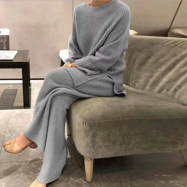 Lady Home Suit moda jesienna miękka Casual swetry z okrągłym dekoltem topy + spodnie z dzianiny nowa odzież domowa piżama zimowa solidna damska dwuczęściowy zestaw
