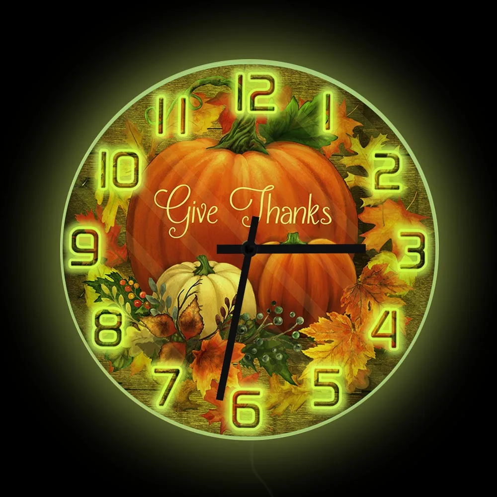 Pumpkins Printed Wall Clock Wtih LED Backlight Give Thanks Autumn Fall Leaves Thanksgiving Day Home Decor Nightlight Wall Clock