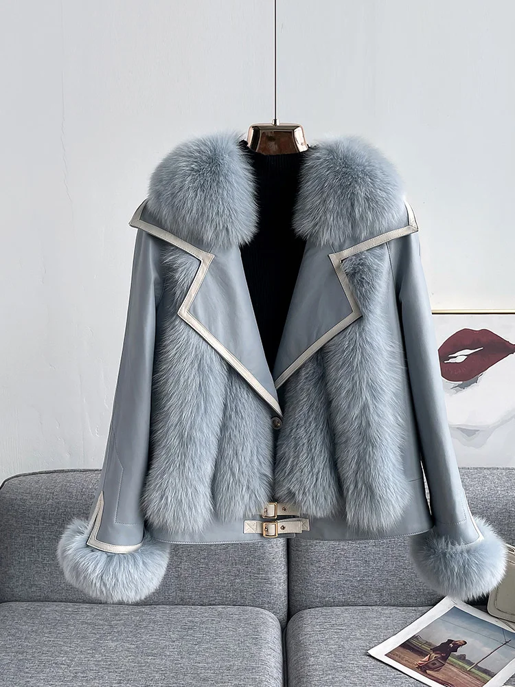 Fox Whole Leather Fur Coat Women's Short Haining New Motorcycle Sheepskin down Jacket Coat