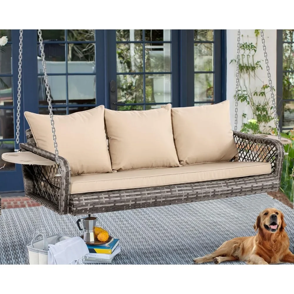 3-Person Hanging Porch Swing, Outdoor Wicker Hanging Swing Chair, 76inch Wicker Hanging Porch Swing Bench with Cushion