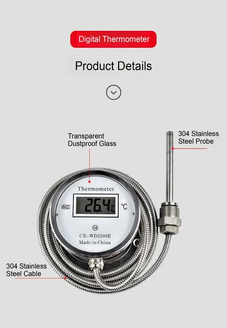 

1m 2m ss304 industrial thermometer for boiler pipes Digital display high-precision bimetal thermometer