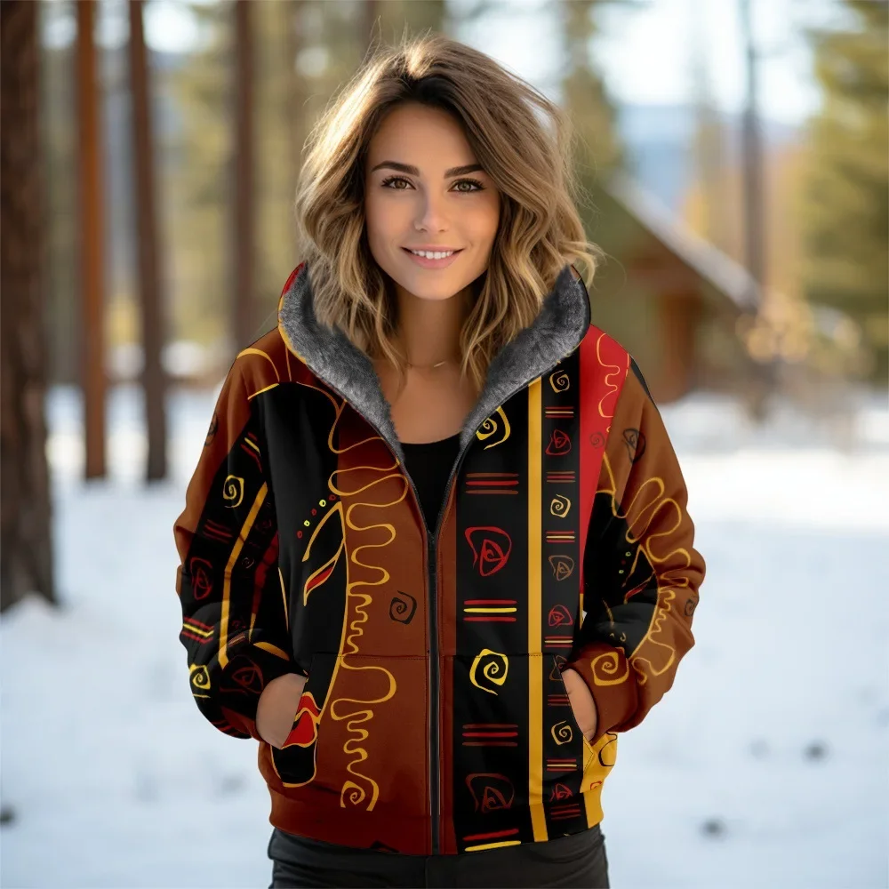 Women Coats Jackets Cardigans Printed Outdoors Tribe Retro Graphics Fleece Winter Warm Casual Streetwear Female Clothing