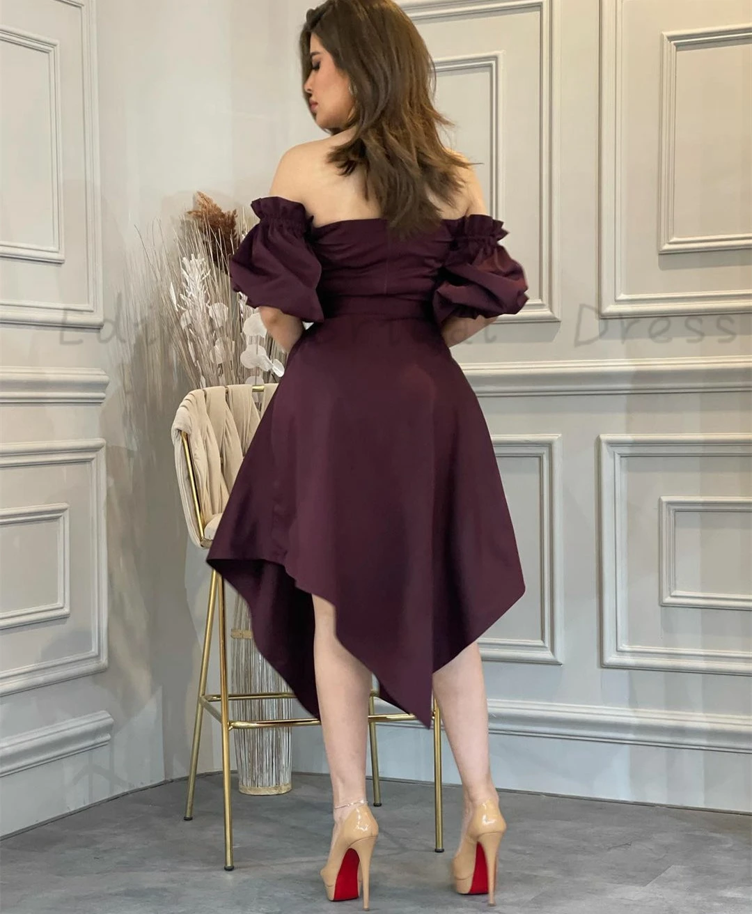 Vintgae Off Shoulder Evening Dresses with Puffy Sleeve Knee-Length Formal Dress with Removable Train Trumpet فساتين مناسبة حسب