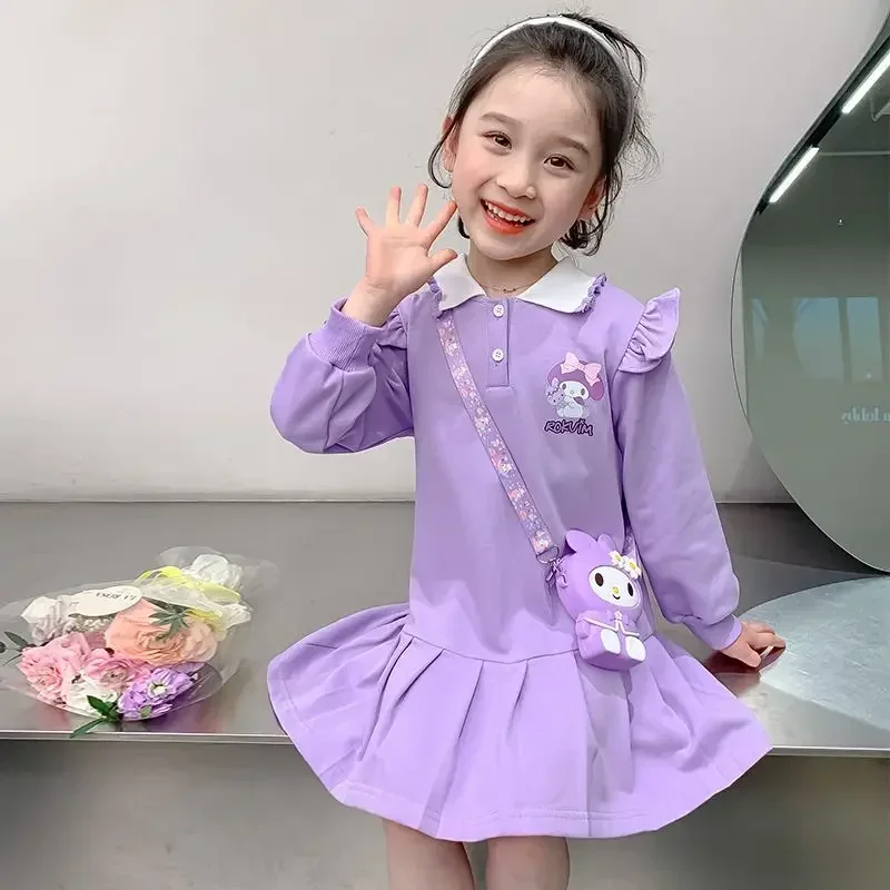 

Spring Autumn Long Sleeve Dress Kawaii Kuromi Anime Clothing Cute My Melody Cartoon Hooded Ins Skirt Lovely Gifts for Kids