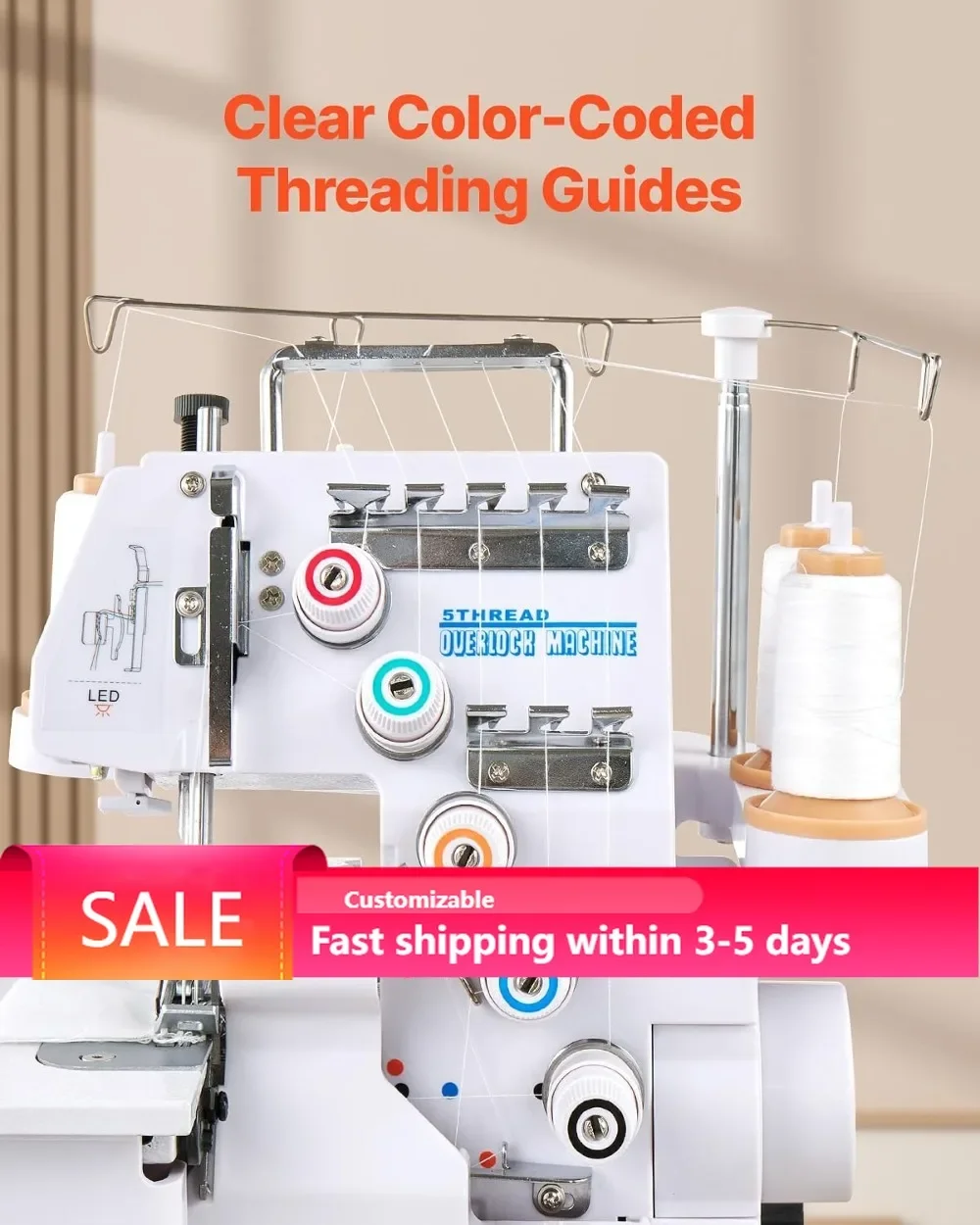 Serger Overlock Sewing Machine 1250SPM 2-3-5 Thread LED Light Heavy Duty Metal Frame for Fabrics White